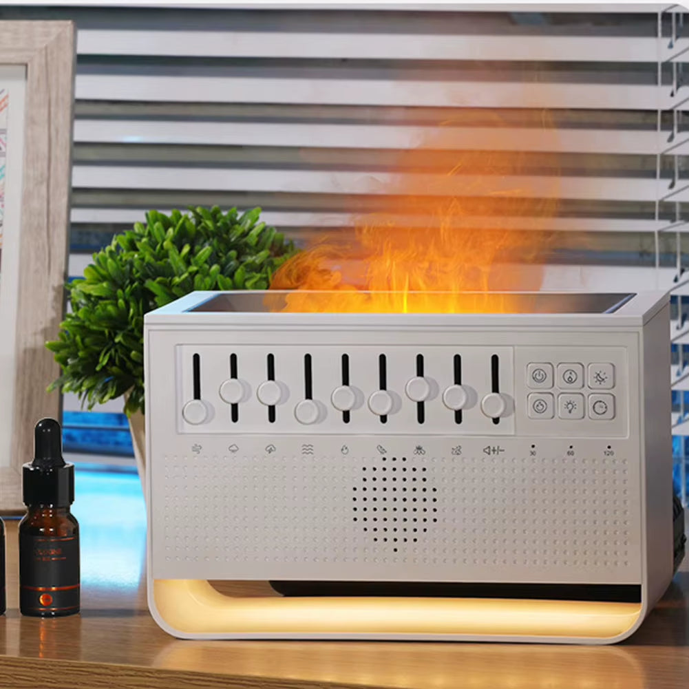 White Noise Sleep Sound Machine Flame Air Diffuser Humidifier with BT Speaker & Night Light for Adults Sleeping Meditation