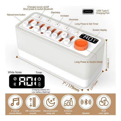 White Noise Sleep Sound Machine with 8 Nature Sounds, Portable Bluetooth Speaker, 12 Colors Night Lights